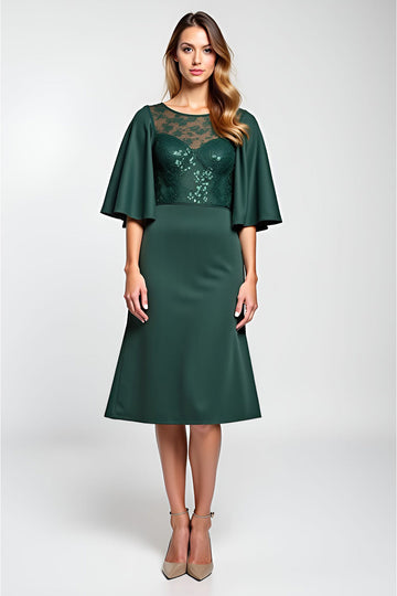 Sparkly Pine Satin A Line Midi Mother of the Bride Dress with Half Sleeves